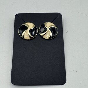 Vintage Round Black & Gold Enamel Post Back Earrings